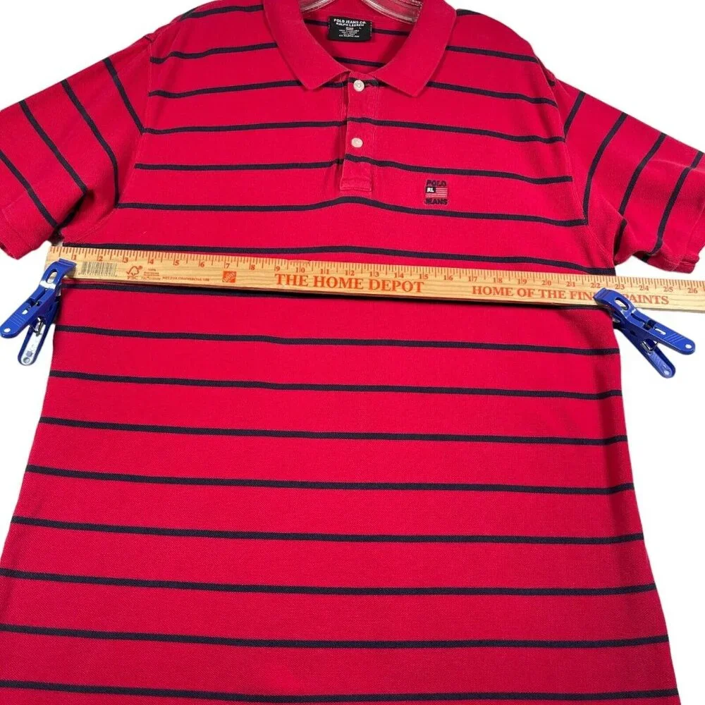 Ralph Lauren Polo Jeans Co Polo Shirt Mens L Red Black Striped Short Sleeve Flag